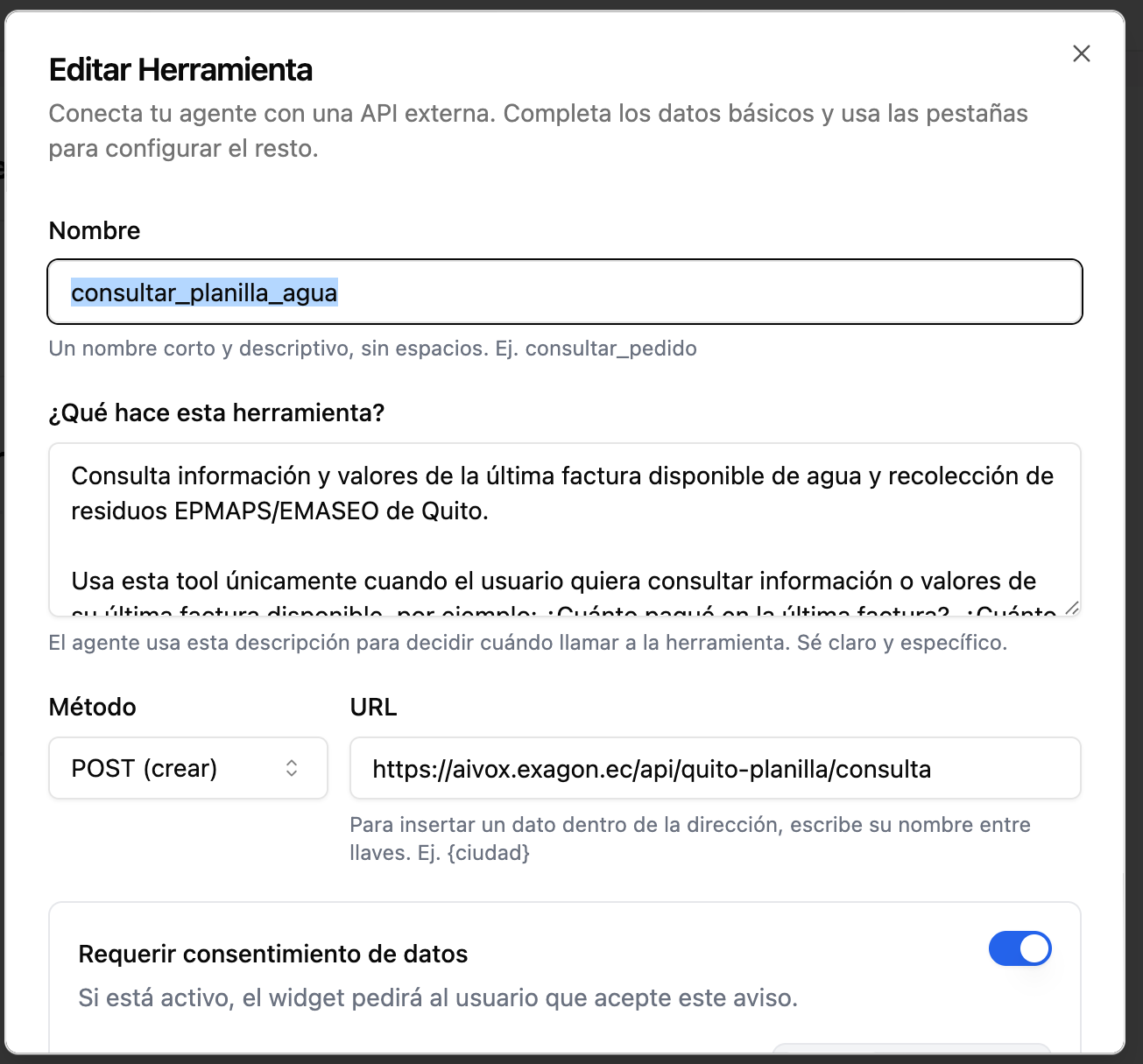 Editor de una herramienta personalizada en Aivox con nombre, descripción, método, URL y consentimiento